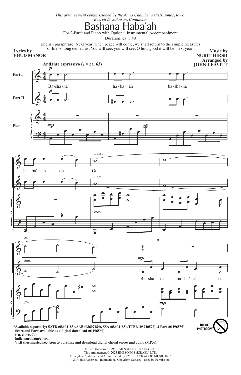 Nurit Hirsh Bashana Haba'ah (arr. John Leavitt) Sheet Music