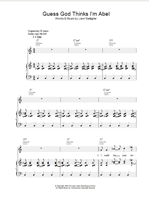 Oasis Guess God Thinks I'm Abel Sheet Music