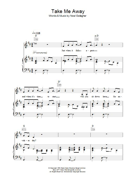 Oasis Take Me Away Sheet Music