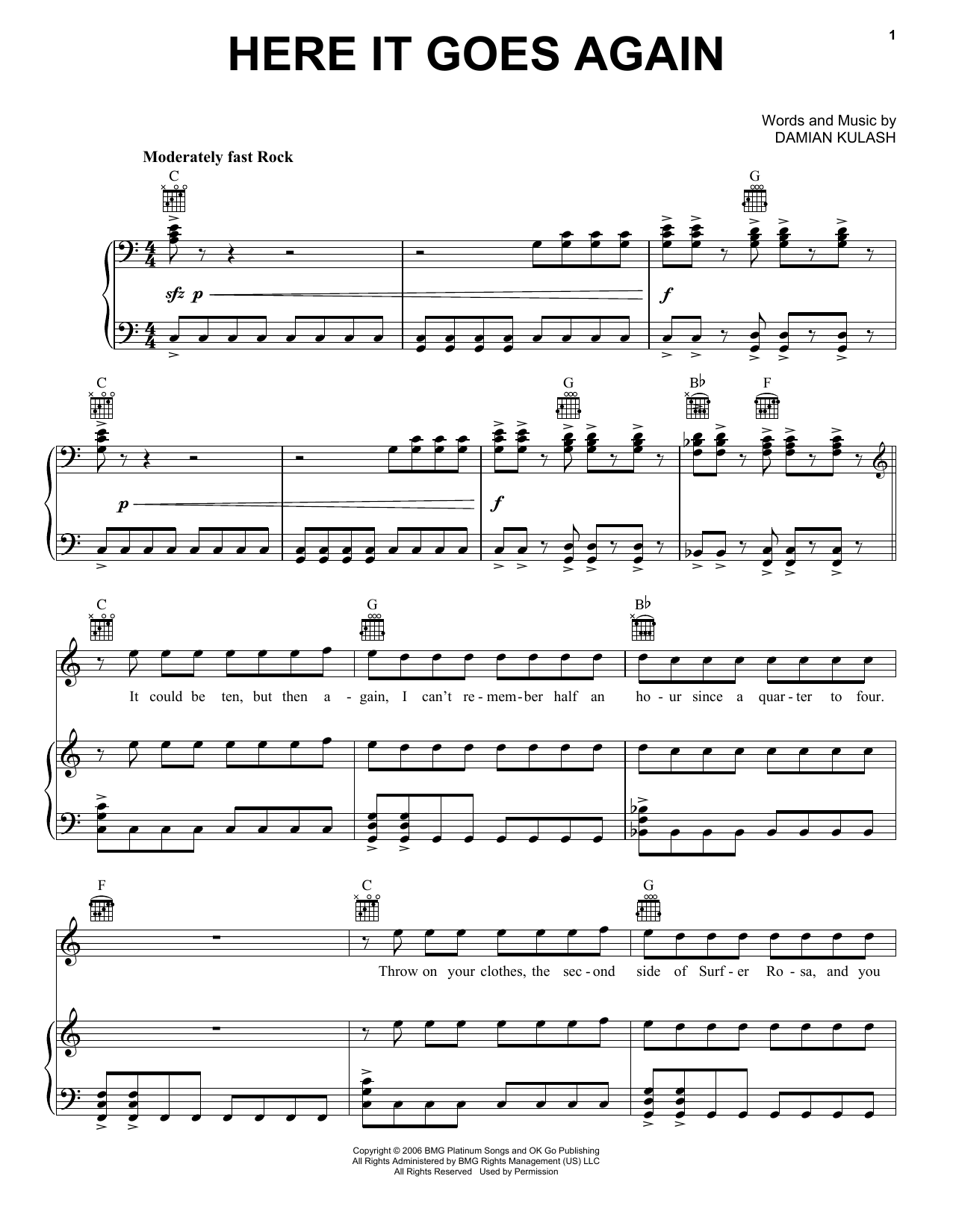 OK Go Here It Goes Again Sheet Music