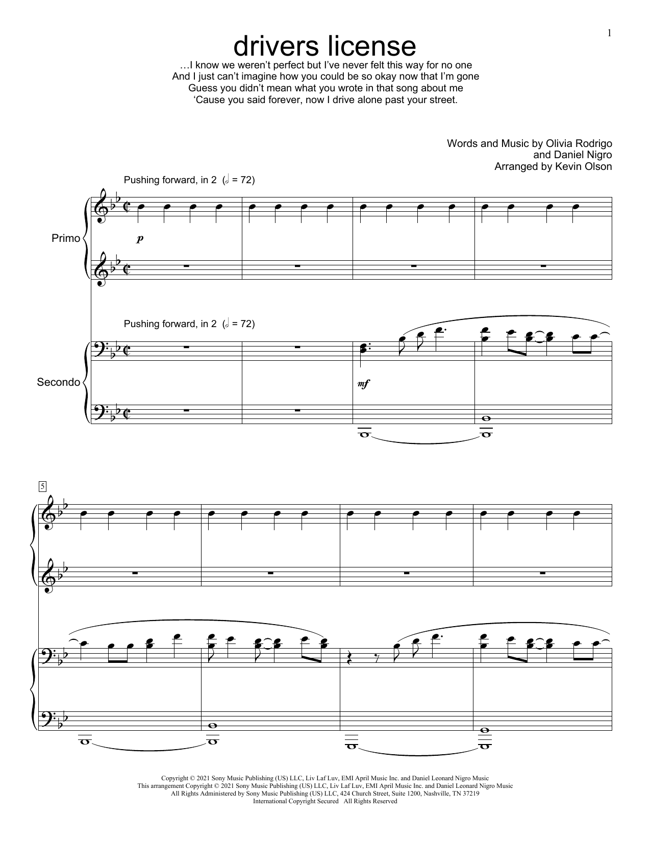 Olivia Rodrigo drivers license (arr. Kevin Olson) Sheet Music