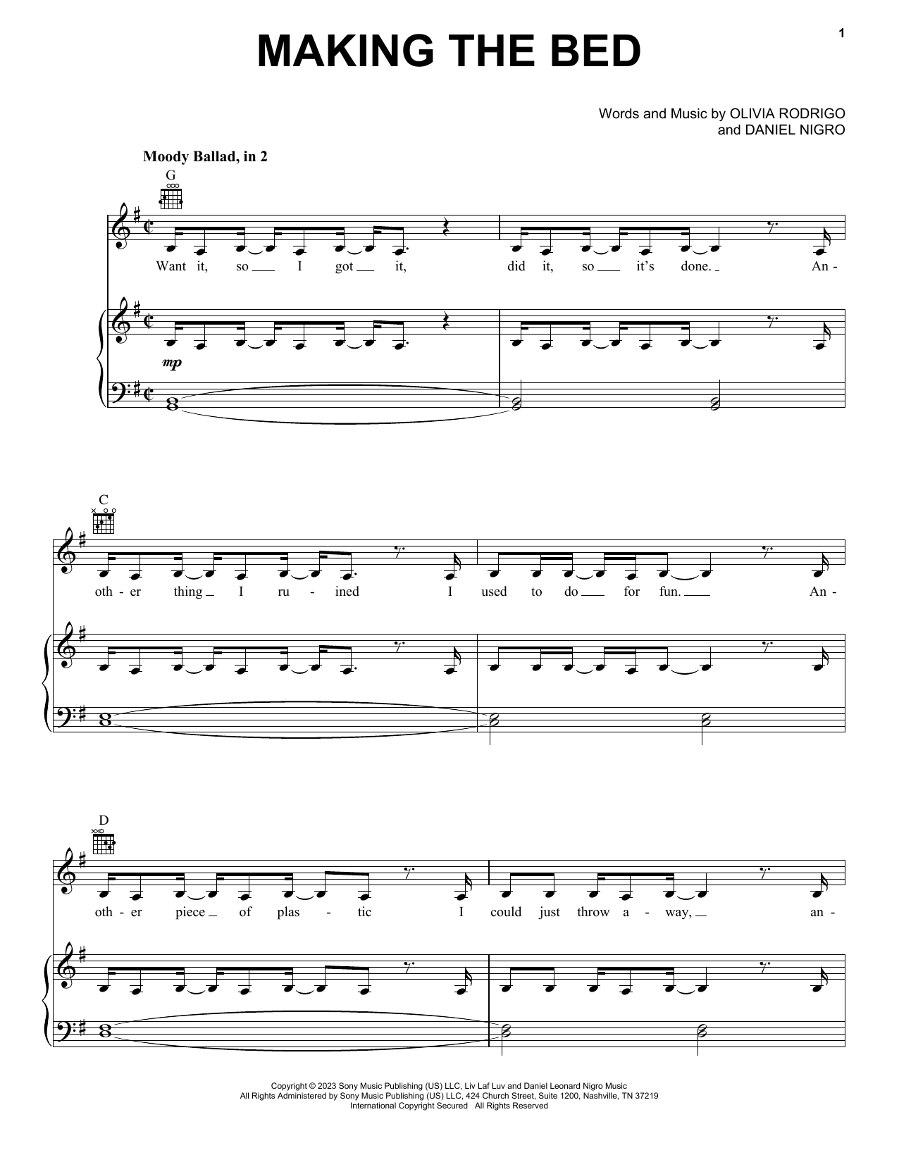Olivia Rodrigo making the bed Sheet Music