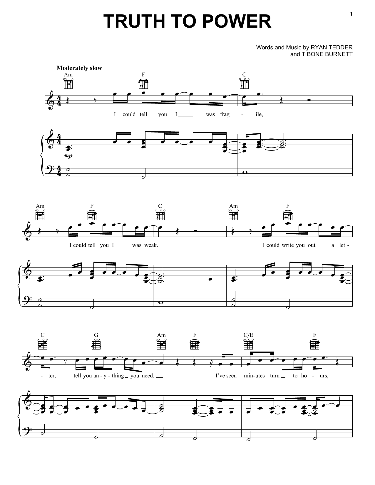 One Republic Truth To Power Sheet Music