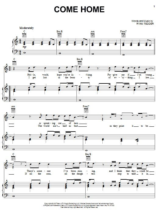 OneRepublic Come Home Sheet Music