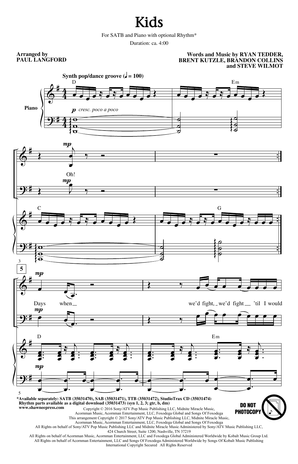 OneRepublic Kids (arr. Paul Langford) Sheet Music