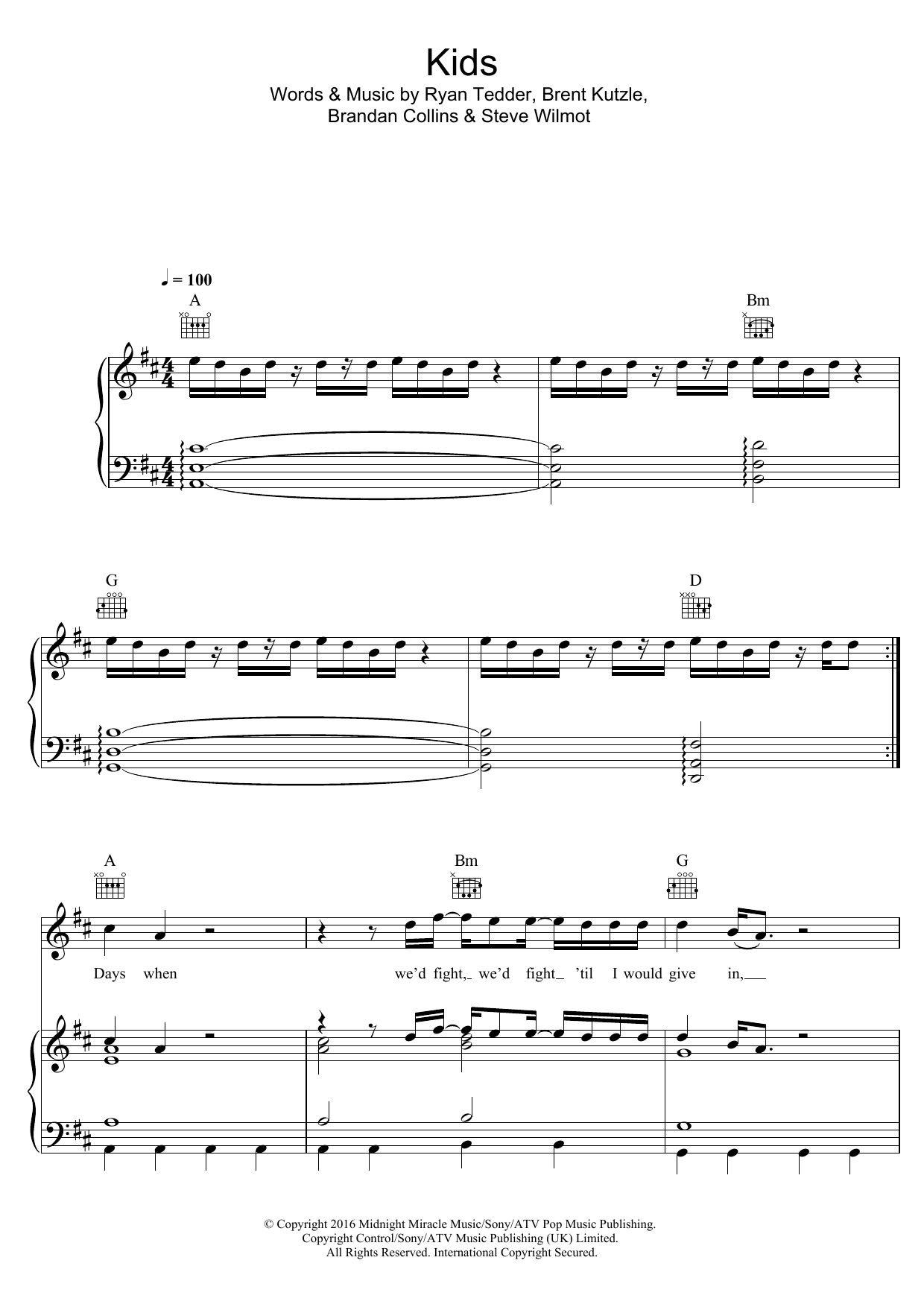 OneRepublic Kids Sheet Music