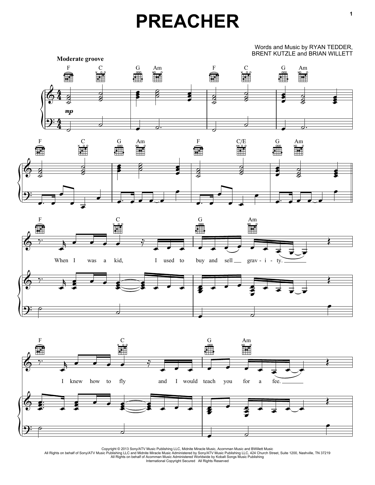 OneRepublic Preacher Sheet Music