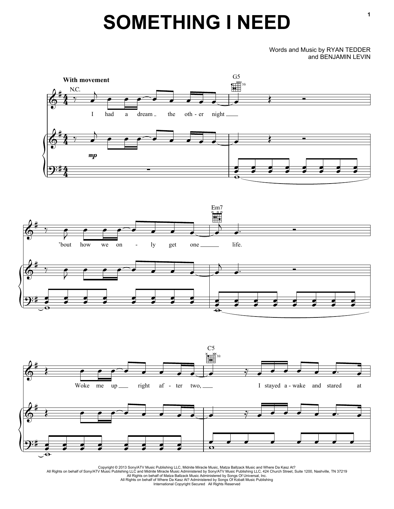 OneRepublic Something I Need Sheet Music