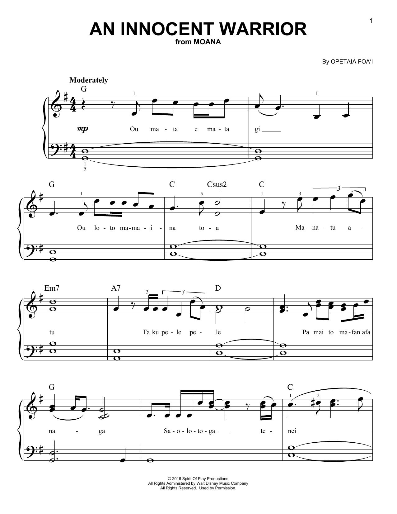 Opetaia Foa'i An Innocent Warrior (from Moana) Sheet Music