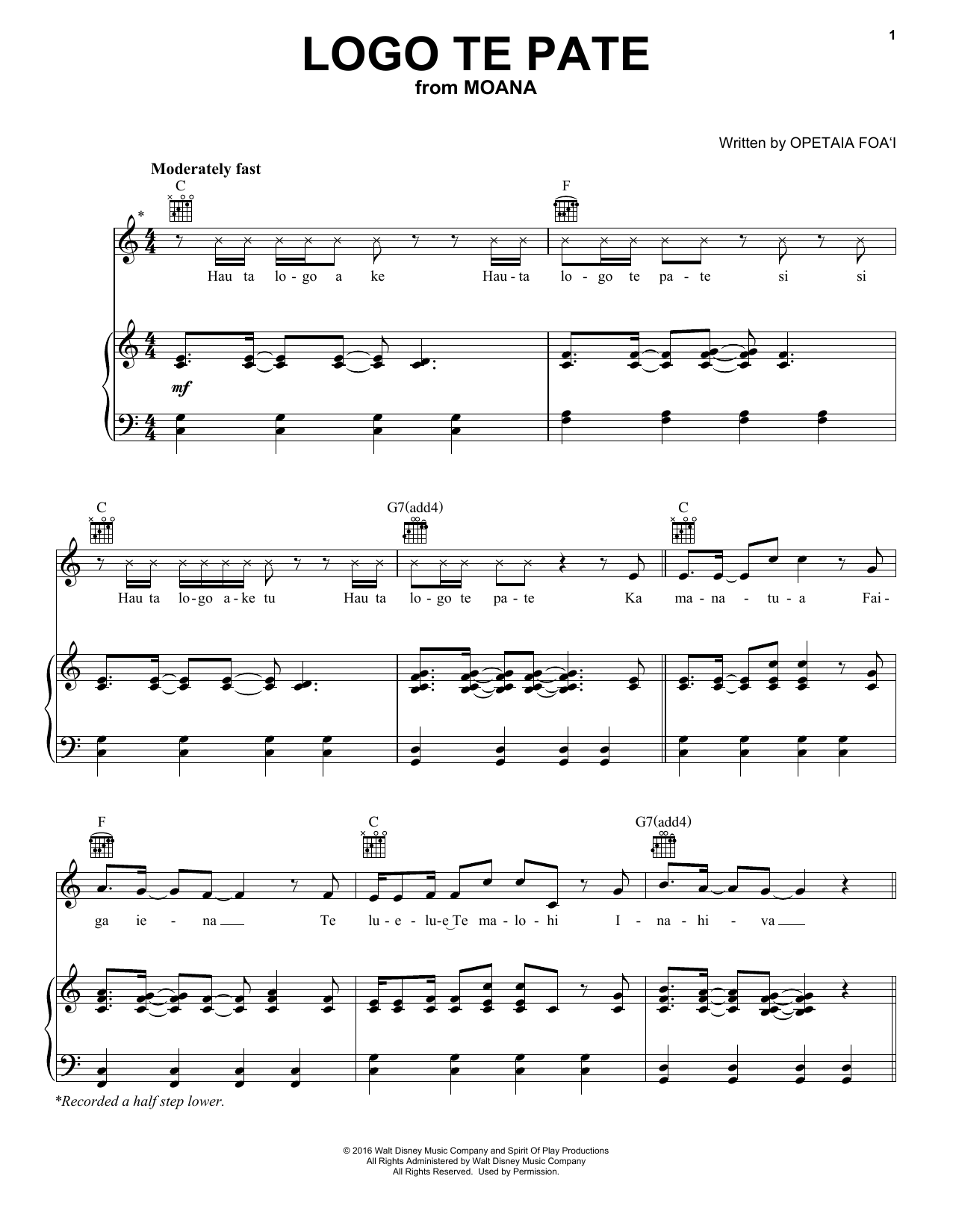 Opetaia Foa'i Logo Te Pate (from Moana) Sheet Music