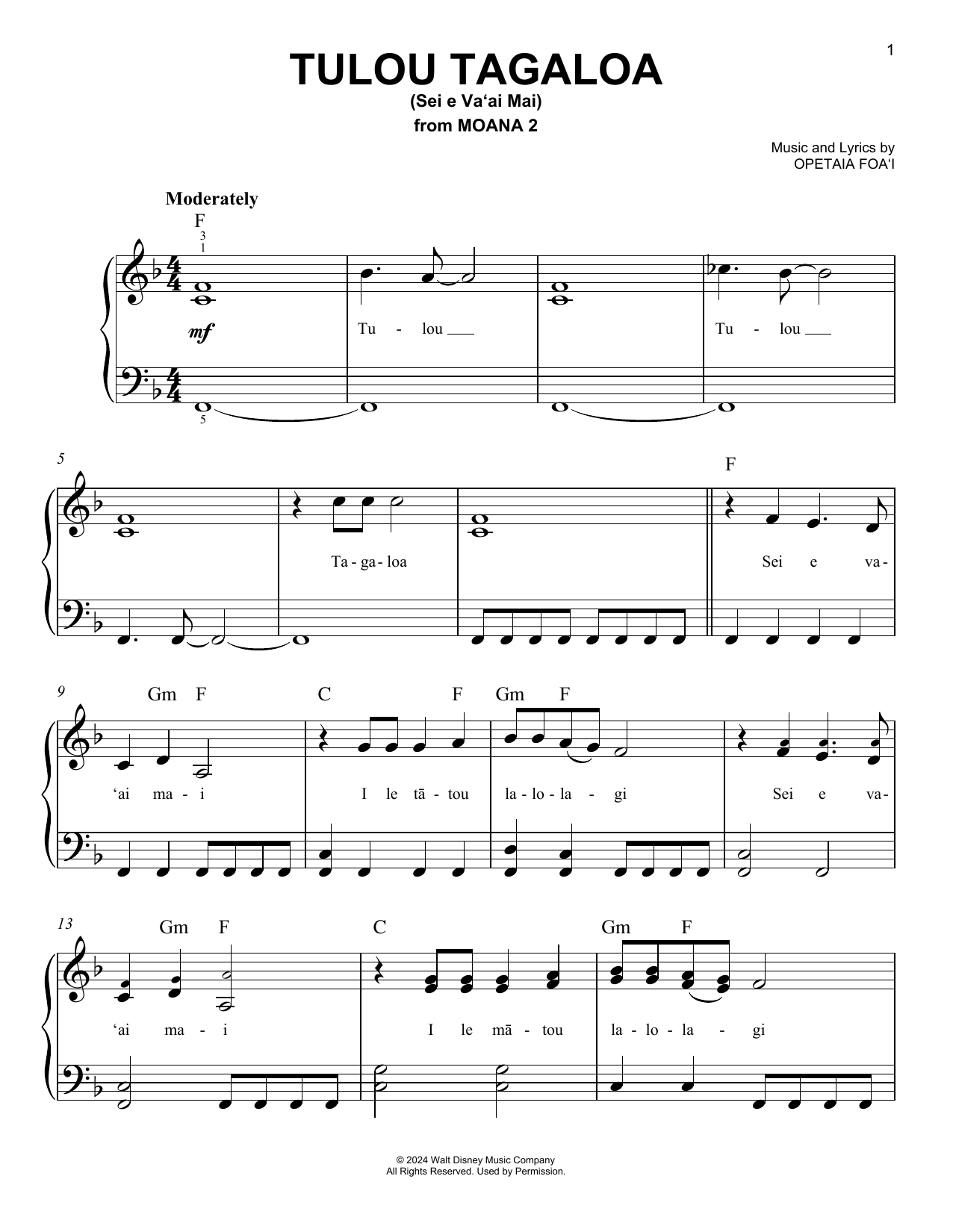 Opetaia Foa'i Tulou Tagaloa (Sei e Va'ai Mai) (from Moana 2) Sheet Music