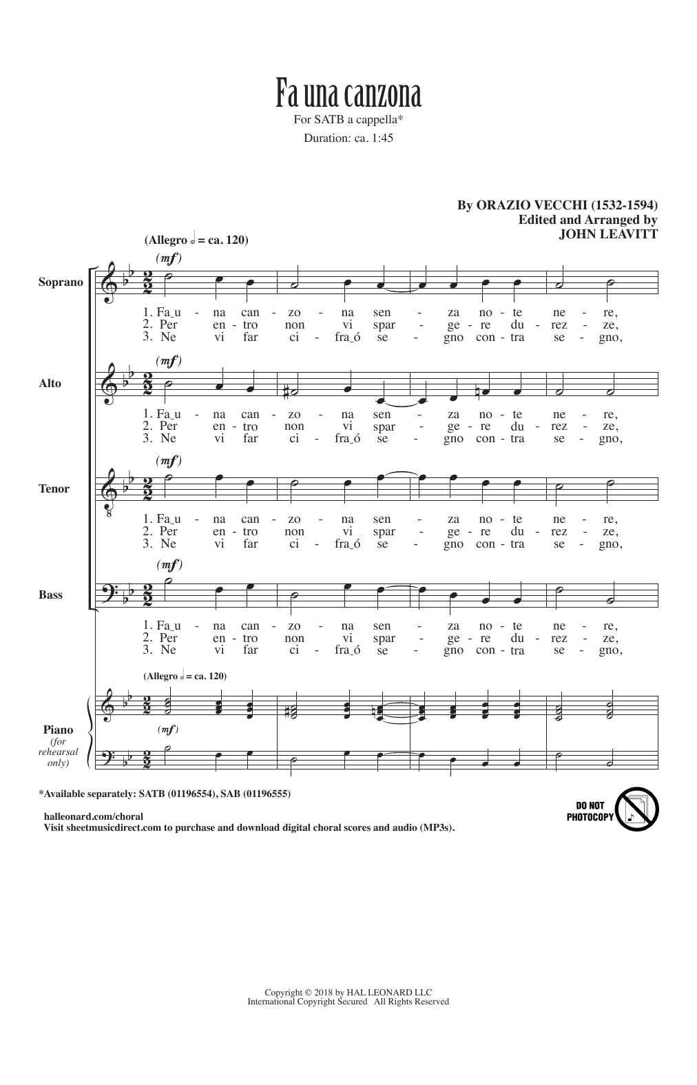 Orazio Vecchi Fa Una Canzona (arr. John Leavitt) Sheet Music