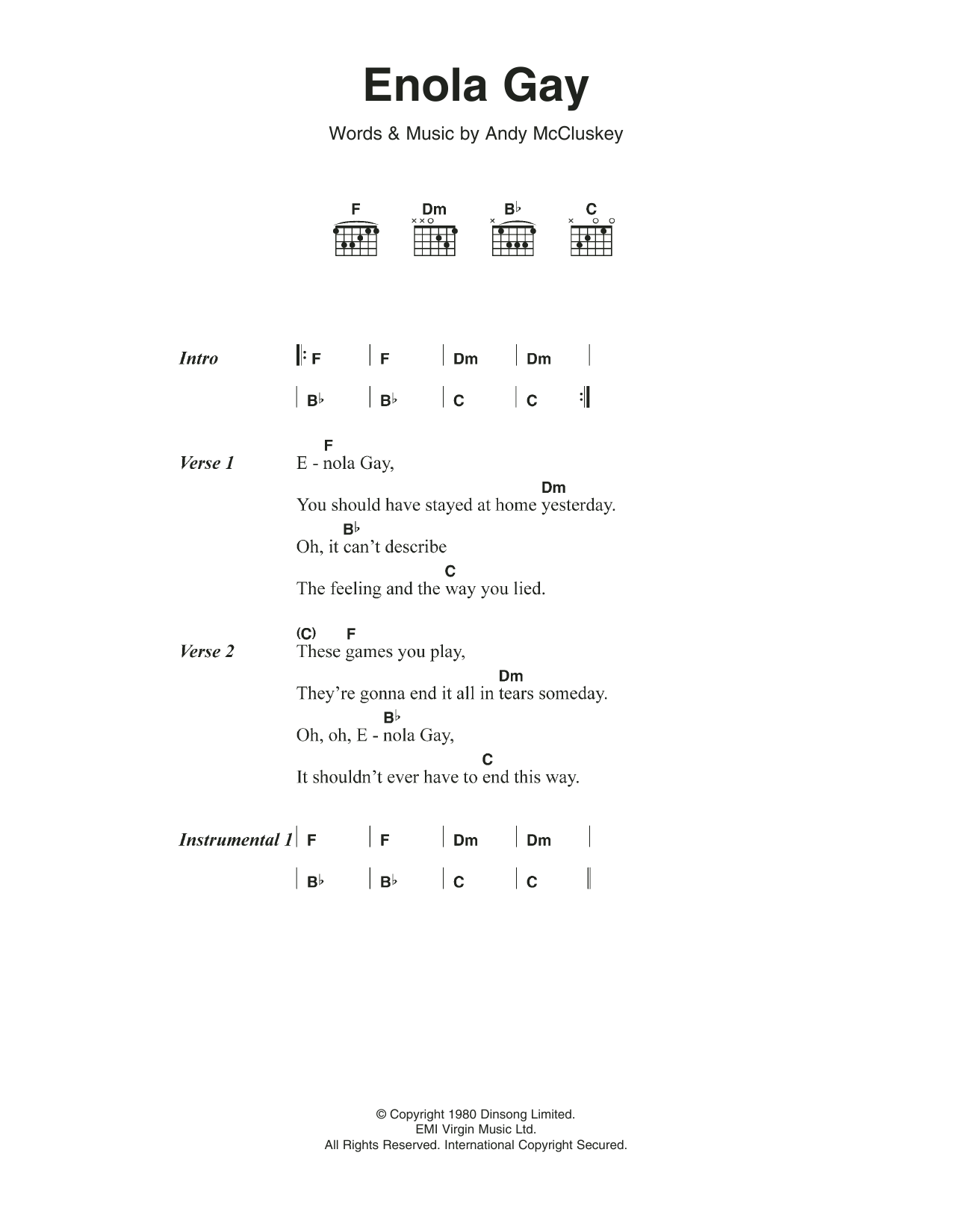 Orchestral Manouvers in the Dark Enola Gay Sheet Music