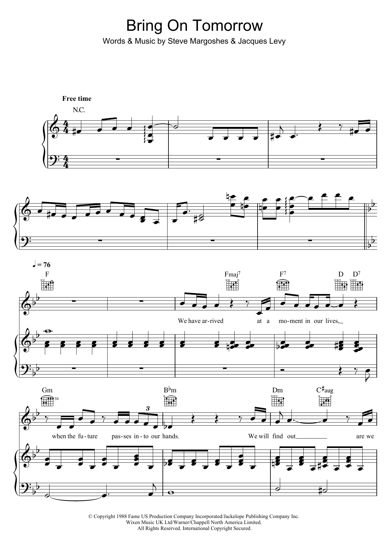 Original Cast Recording Bring On Tomorrow (from 'Fame') Sheet Music