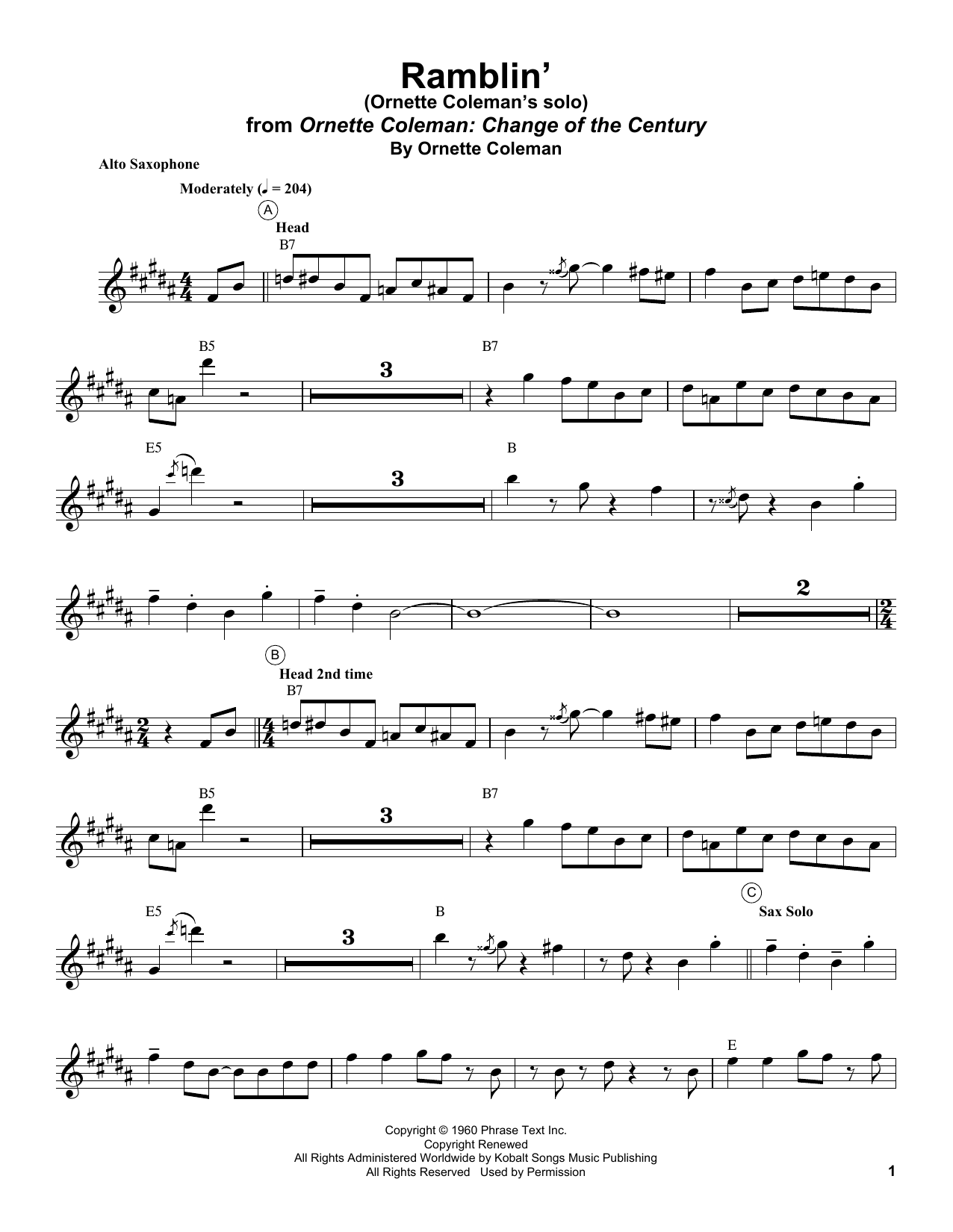 Ornette Coleman Ramblin' Sheet Music