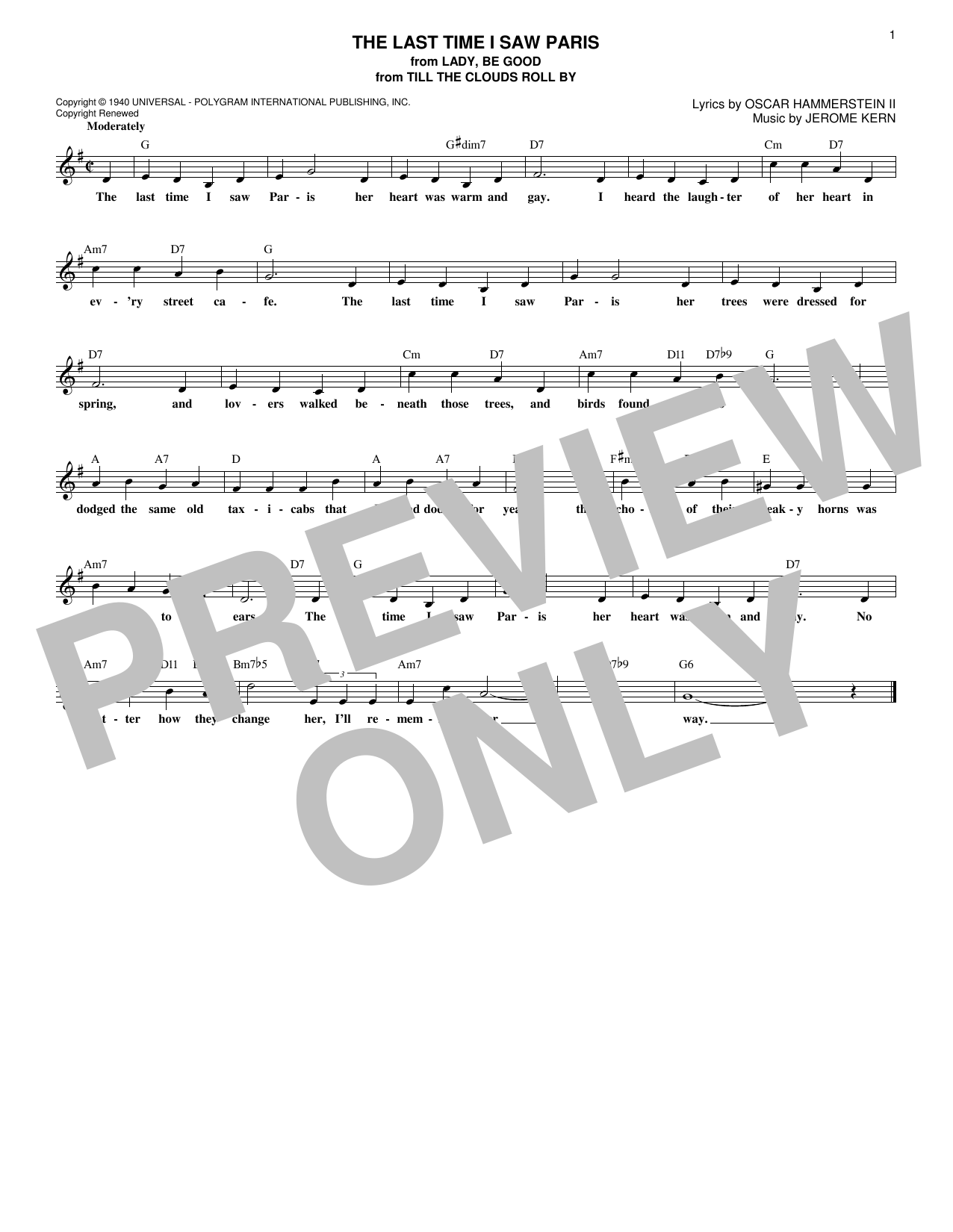 Oscar Hammerstein II & Jerome Kern The Last Time I Saw Paris Sheet Music