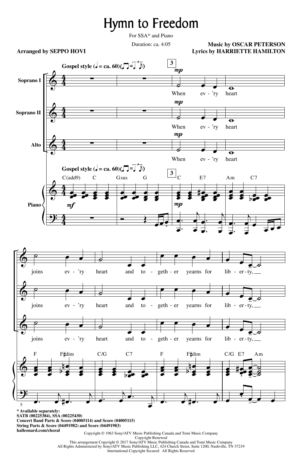 Oscar Peterson Hymn To Freedom (arr. Seppo Hovi) Sheet Music