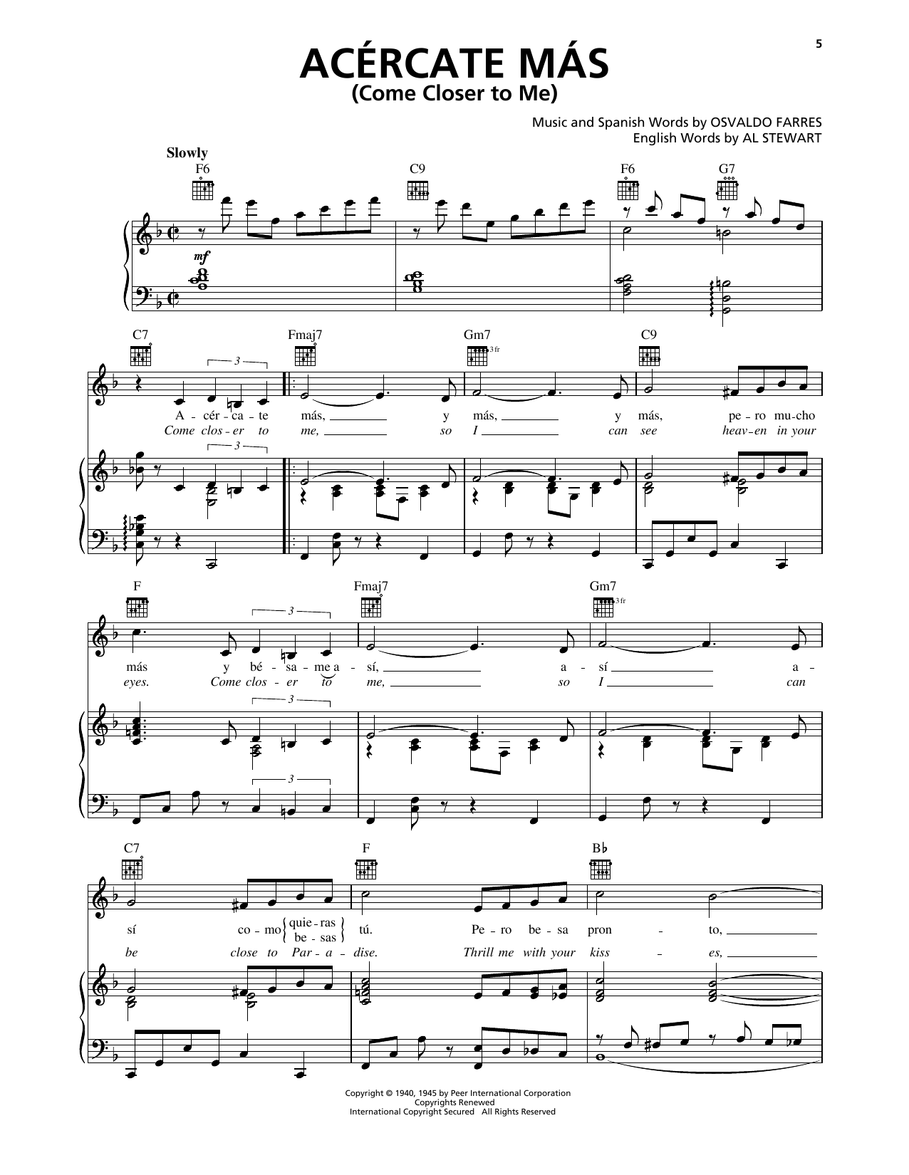 Osvaldo Farrés Acercate Más (Come Closer To Me) Sheet Music
