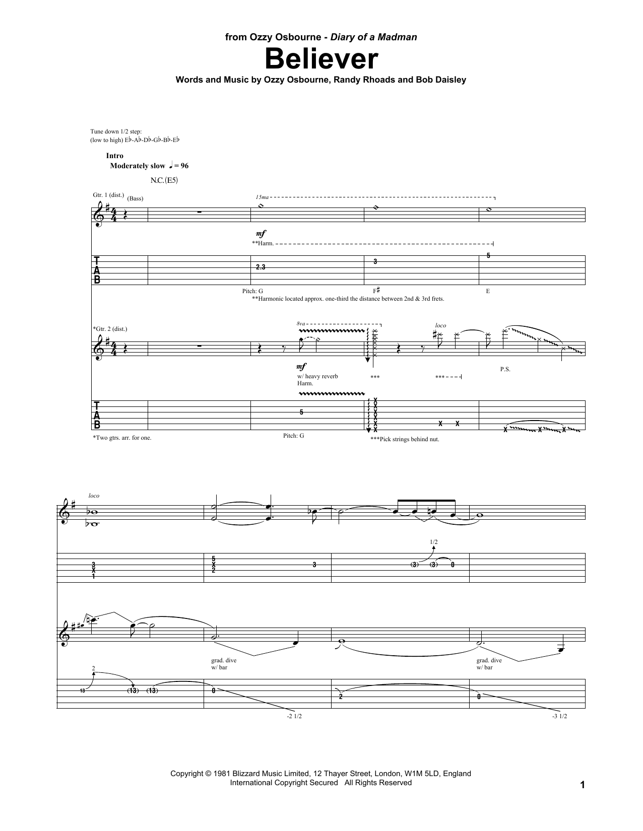 Ozzy Osbourne Believer Sheet Music