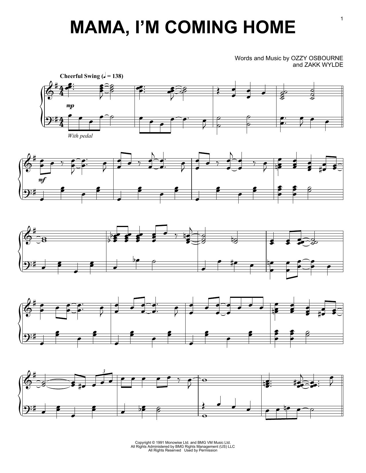Ozzy Osbourne Mama, I'm Coming Home [Jazz version] Sheet Music