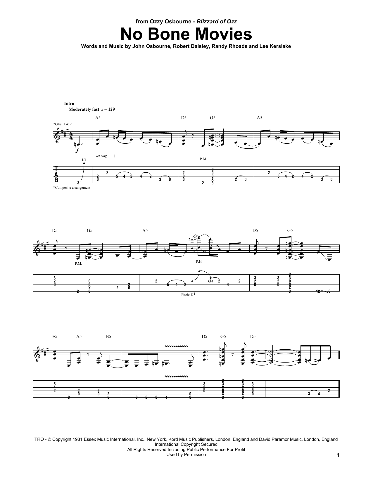 Ozzy Osbourne No Bone Movies Sheet Music