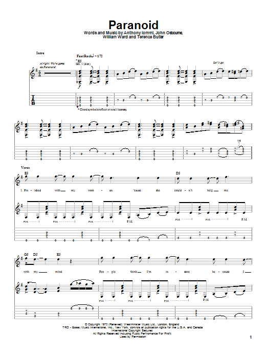 Ozzy Osbourne Paranoid Sheet Music