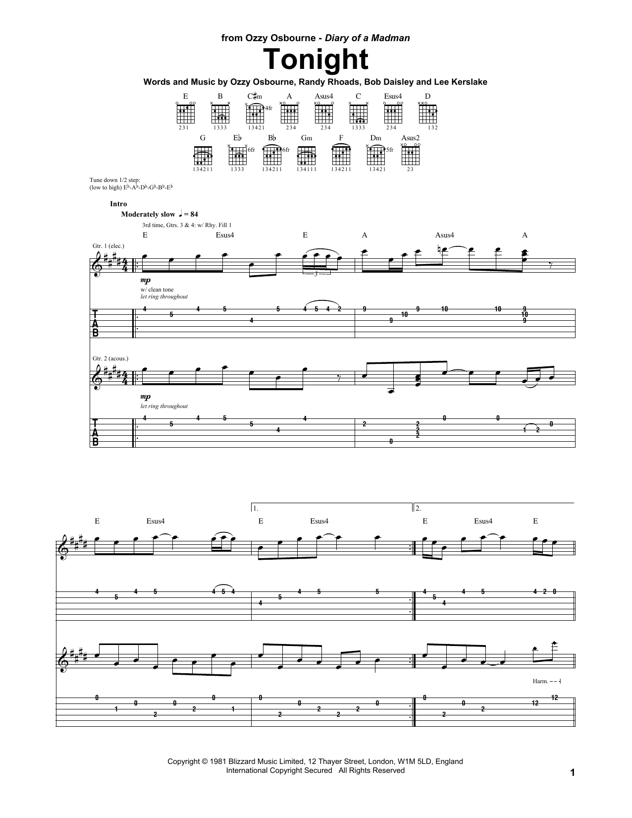Ozzy Osbourne Tonight Sheet Music