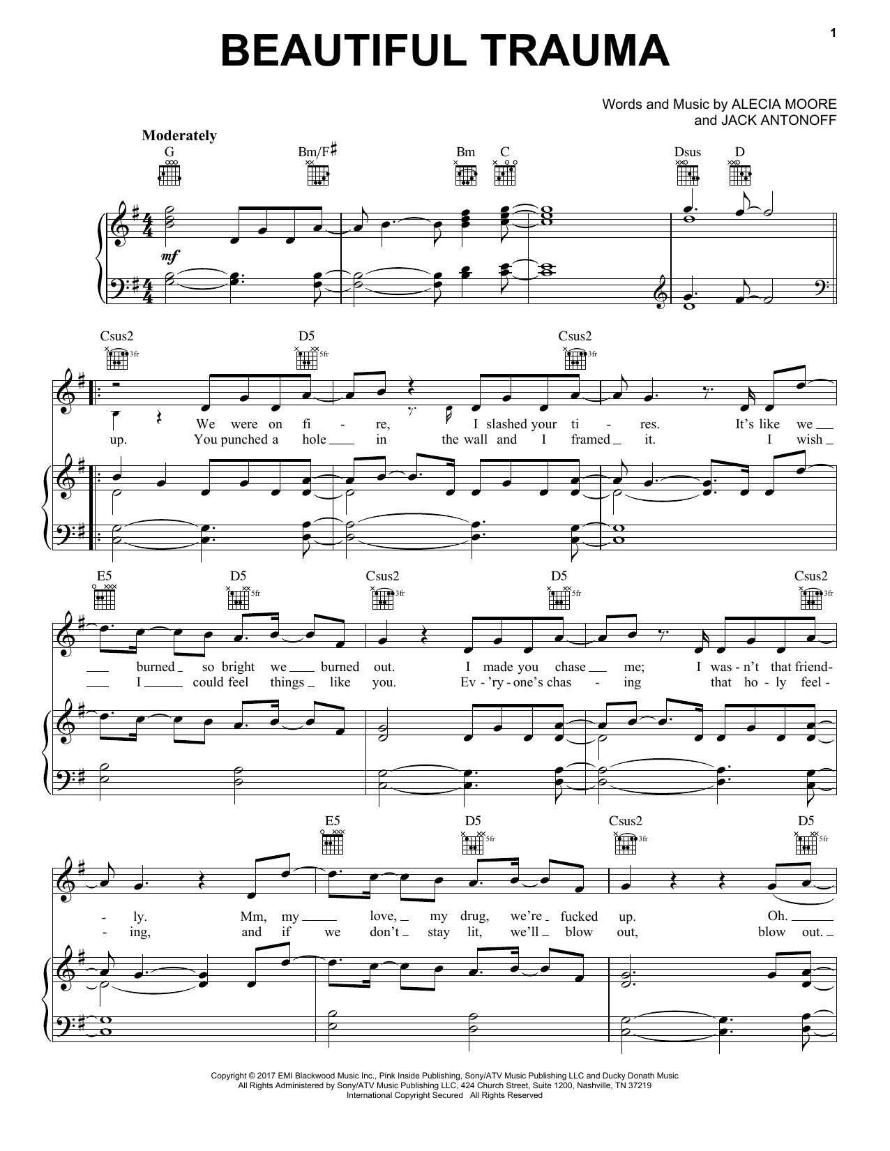 Pink Beautiful Trauma Sheet Music