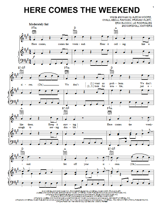 Pink Here Comes The Weekend Sheet Music