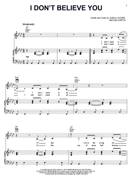 Pink I Don't Believe You Sheet Music