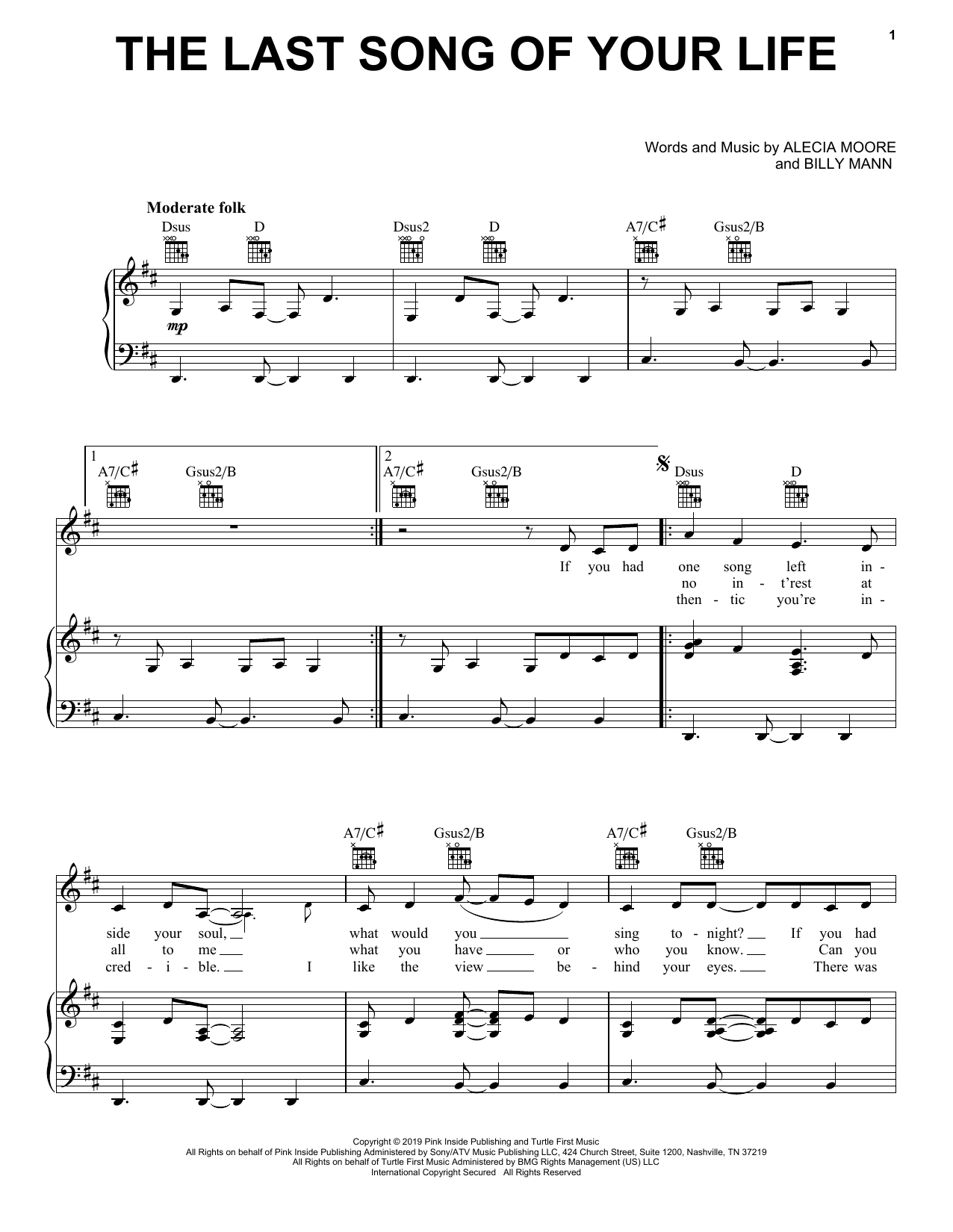 Pink The Last Song Of Your Life Sheet Music