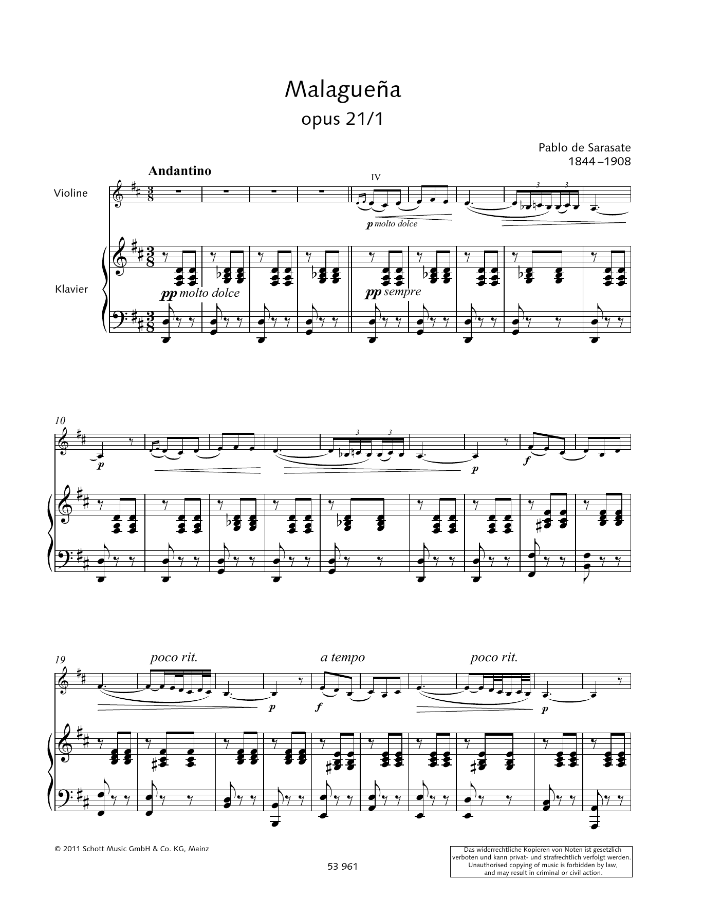 Pablo De Sarasate Malaguena Sheet Music