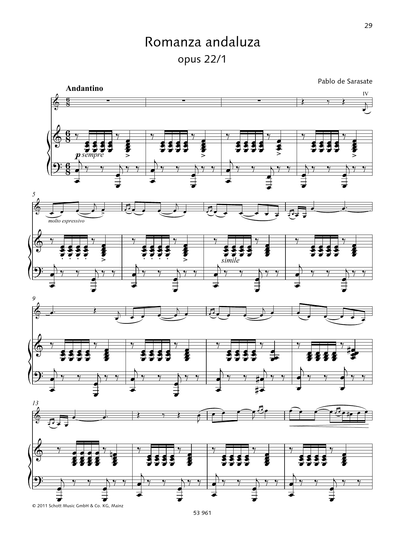 Pablo De Sarasate Romanza andaluza Sheet Music