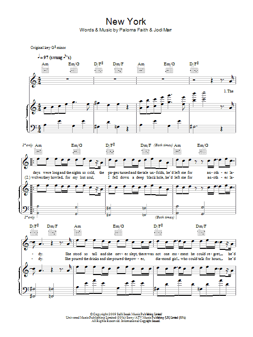 Paloma Faith New York Sheet Music