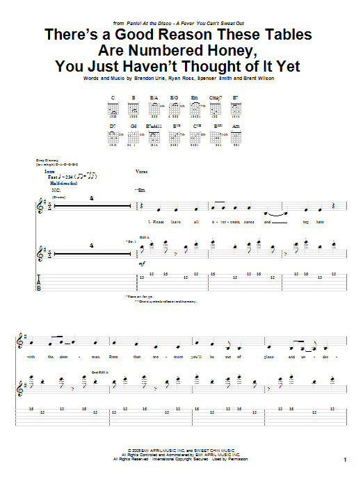 Panic! At The Disco There's A Good Reason These Tables Are Numbered Honey, You Just Haven't Thought Sheet Music
