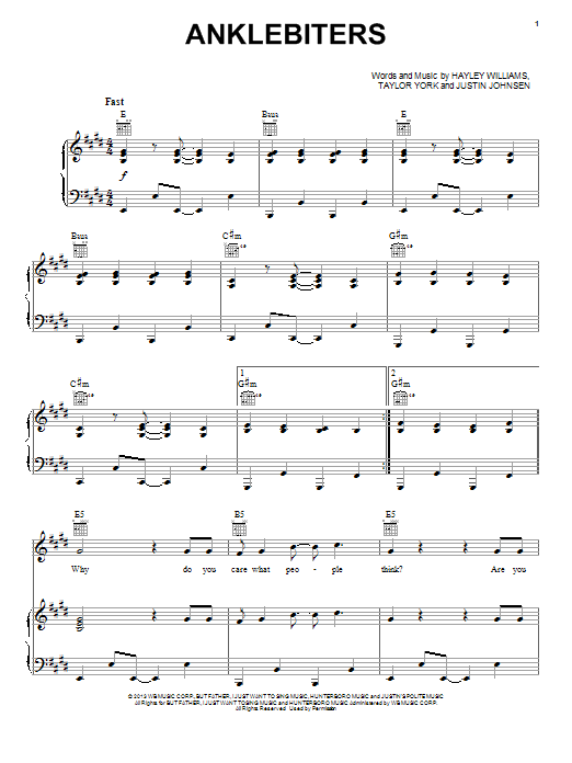 Paramore Anklebiters Sheet Music