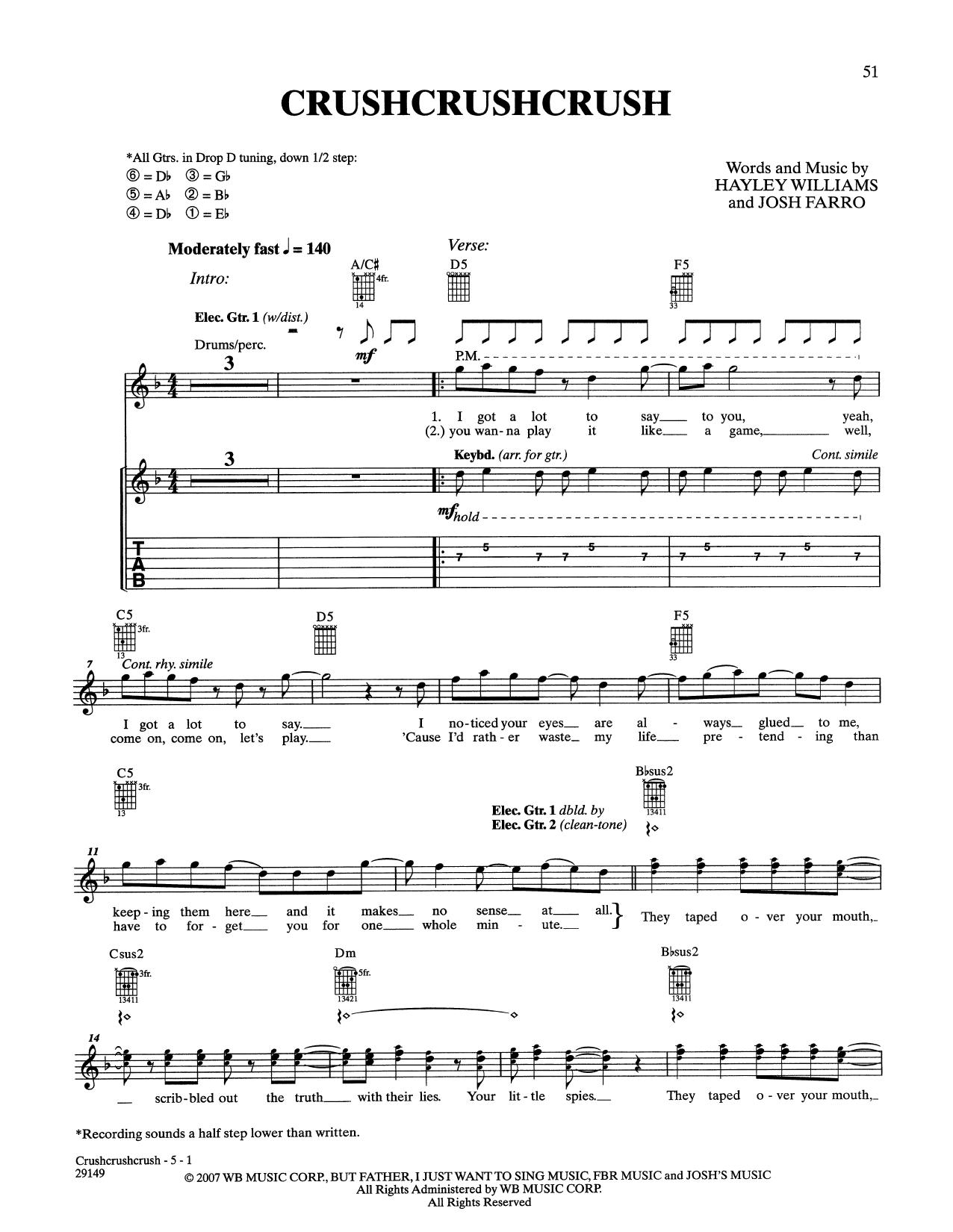 Paramore CrushCrushCrush Sheet Music