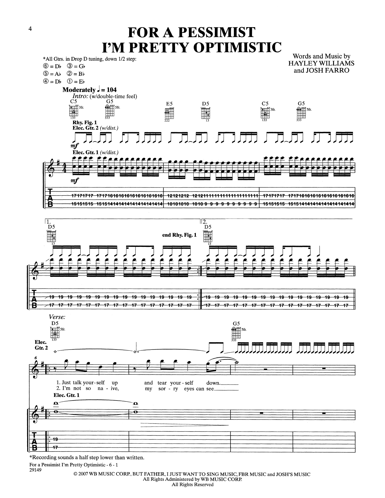 Paramore For A Pessimist I'm Pretty Optimistic Sheet Music