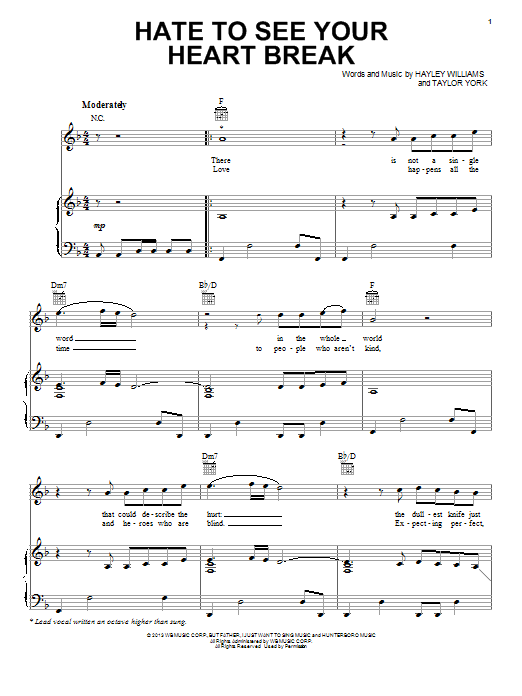 Paramore Hate To See Your Heart Break Sheet Music