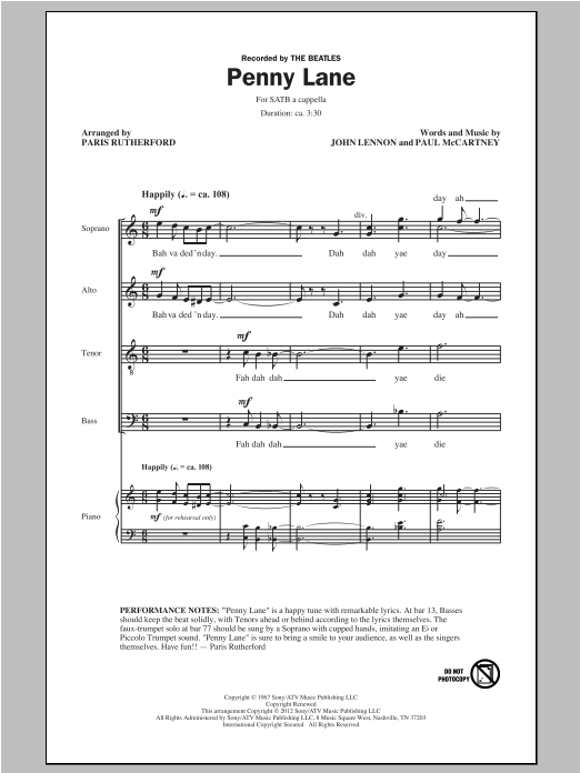 Paris Rutherford Penny Lane Sheet Music