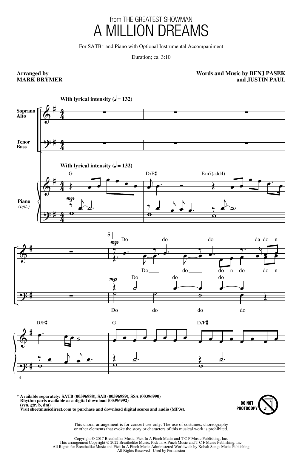 Pasek & Paul A Million Dreams (from The Greatest Showman) (arr. Mark Brymer) Sheet Music