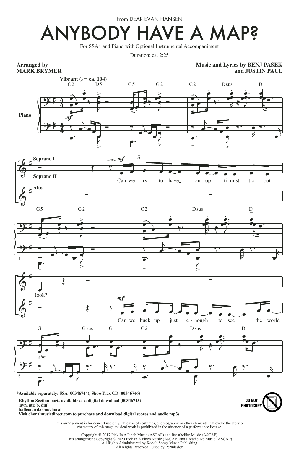 Pasek & Paul Anybody Have A Map? (from Dear Evan Hansen) (arr. Mark Brymer) Sheet Music