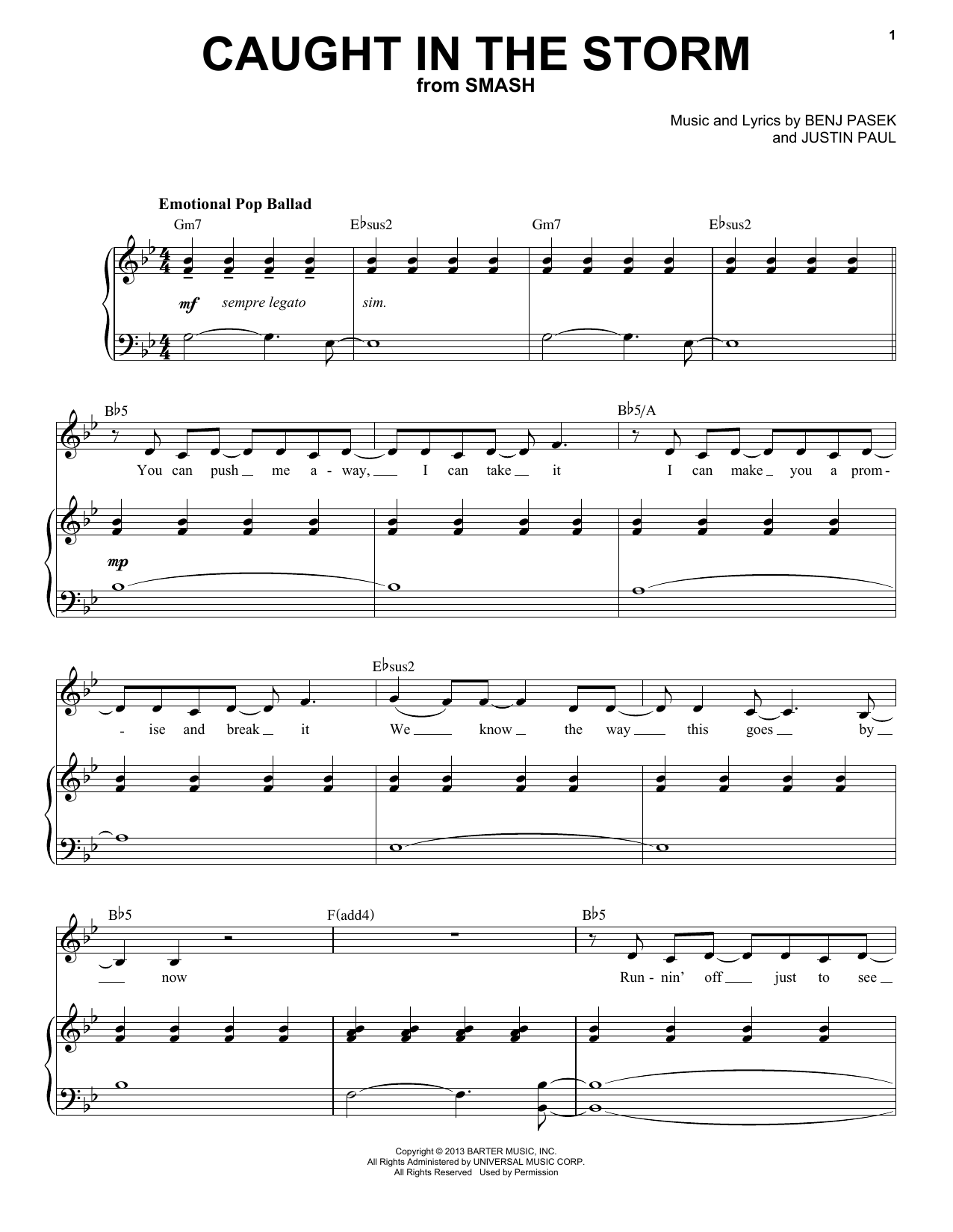 Pasek & Paul Caught In The Storm (from Smash) Sheet Music