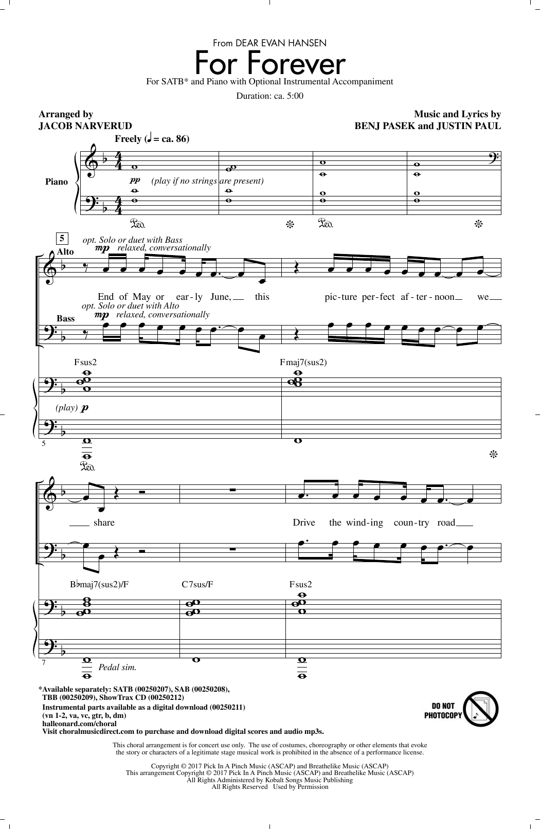 Pasek & Paul For Forever (from Dear Evan Hansen) (arr. Jacob Narverud) Sheet Music