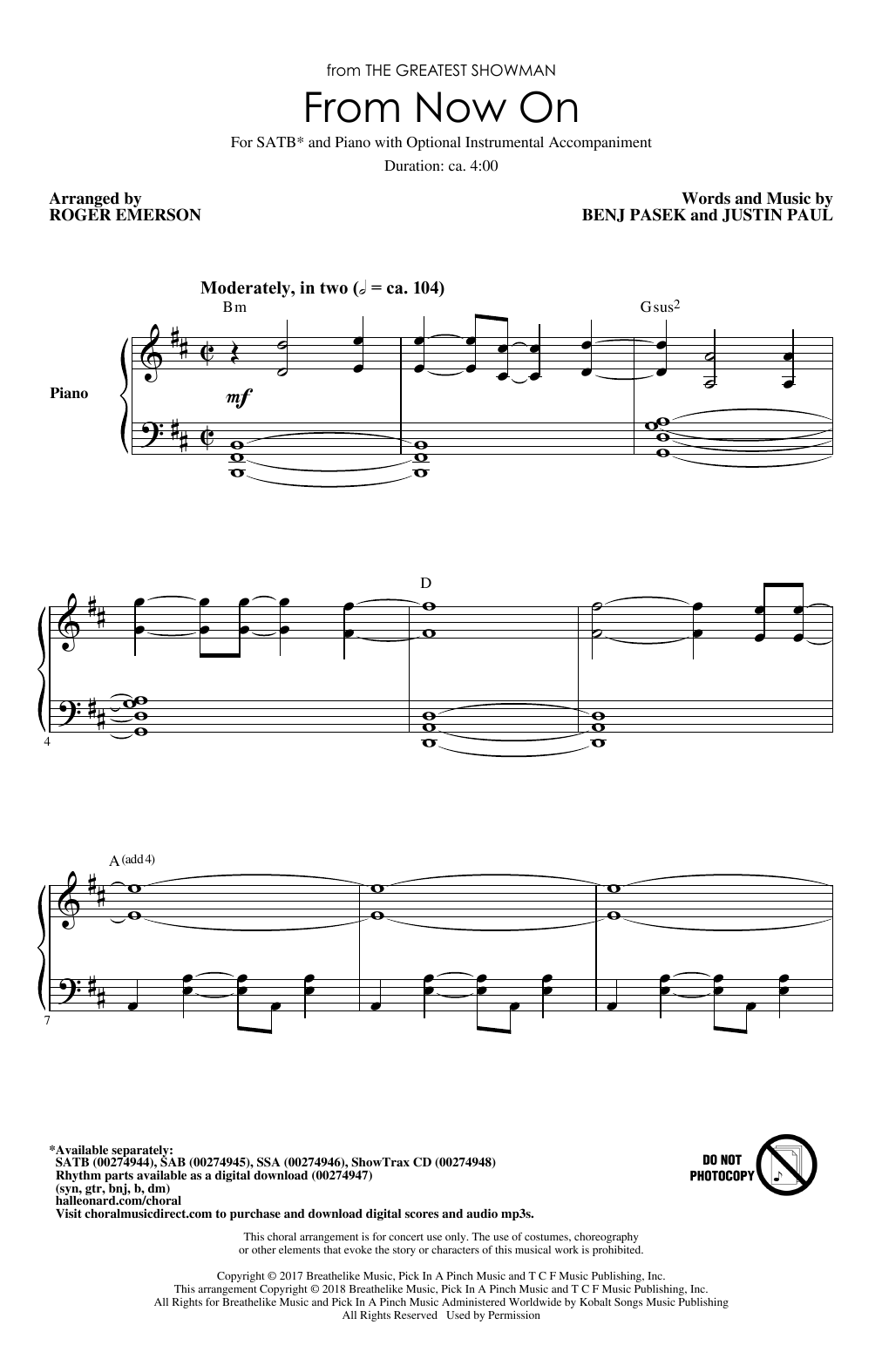 Pasek & Paul From Now On (from The Greatest Showman) (arr. Roger Emerson) Sheet Music