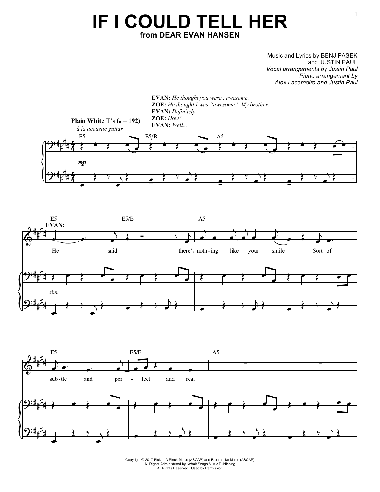 Pasek & Paul If I Could Tell Her (from Dear Evan Hansen) Sheet Music