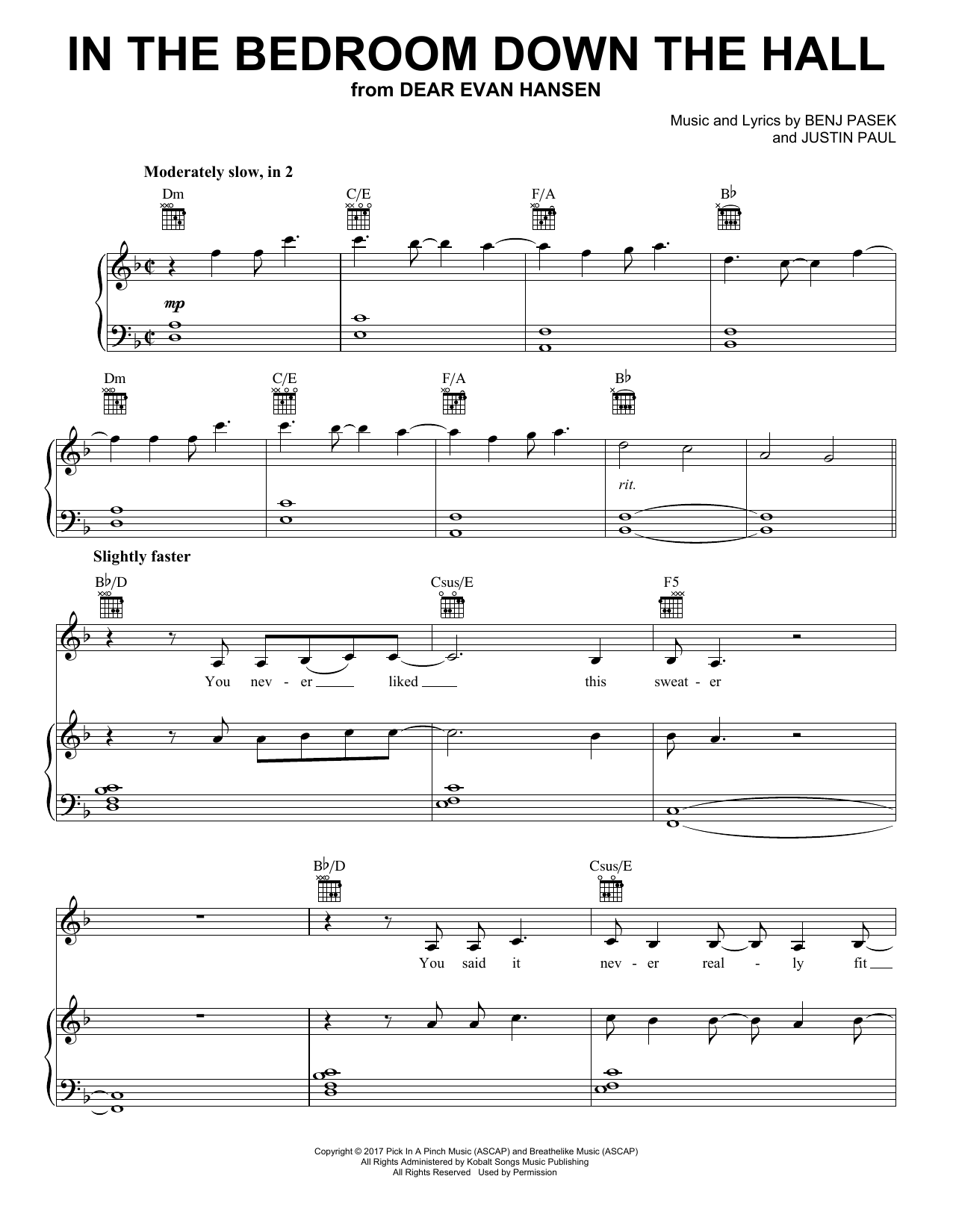 Pasek & Paul In The Bedroom Down The Hall (from Dear Evan Hansen) Sheet Music
