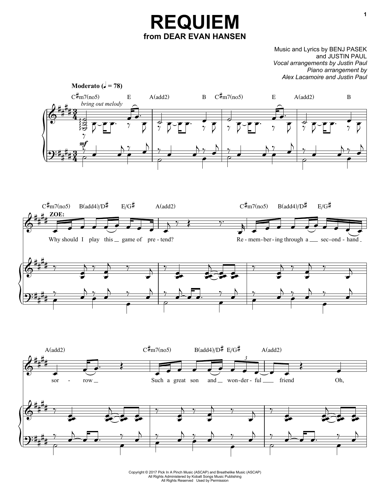 Pasek & Paul Requiem (from Dear Evan Hansen) Sheet Music