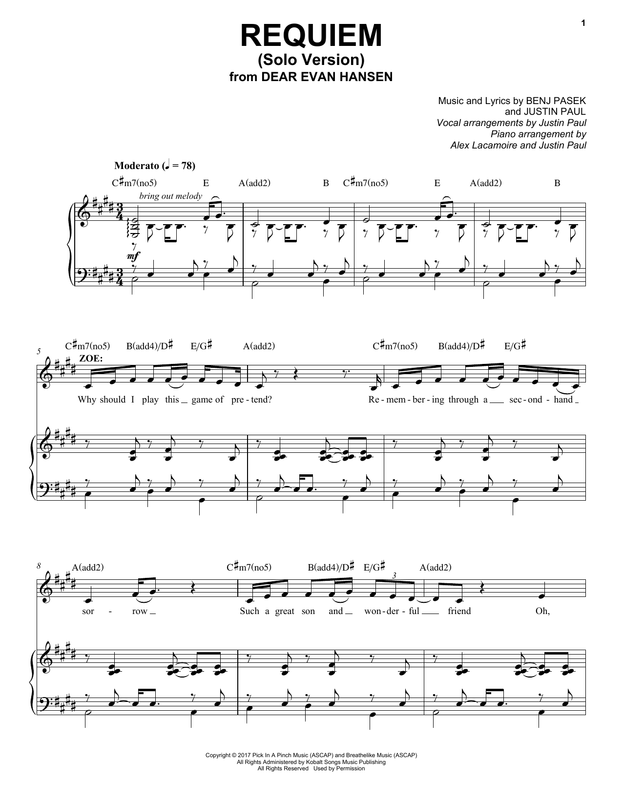 Pasek & Paul Requiem (Solo Version) (from Dear Evan Hansen) Sheet Music