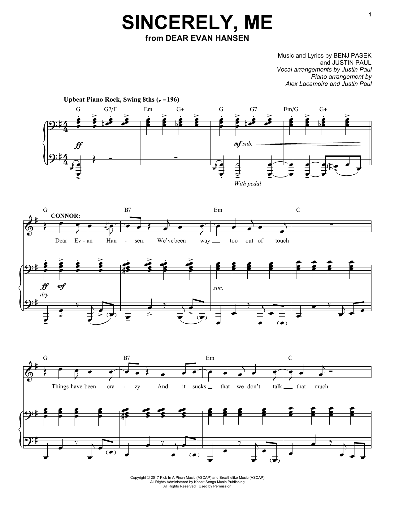 Pasek & Paul Sincerely, Me (from Dear Evan Hansen) Sheet Music